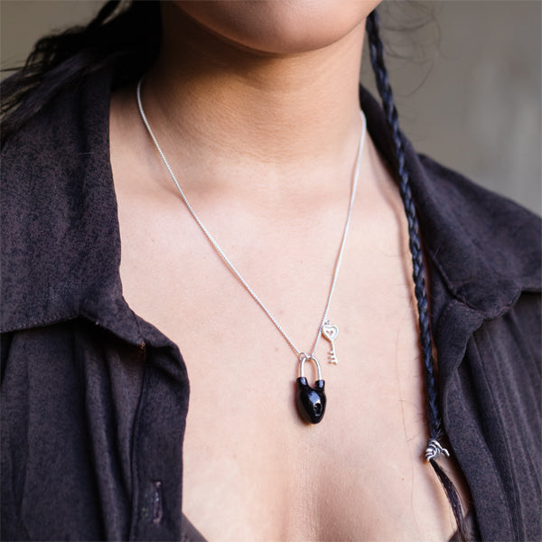 HEART Lock and Key - Black Necklace