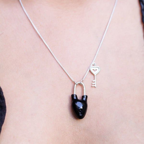 HEART Lock and Key - Black Necklace