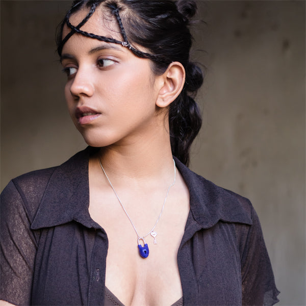 HEART Lock and Key - Blue Necklace