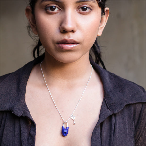 HEART Lock and Key - Blue Necklace