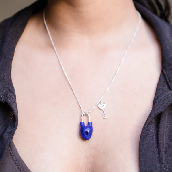 HEART Lock and Key - Blue Necklace