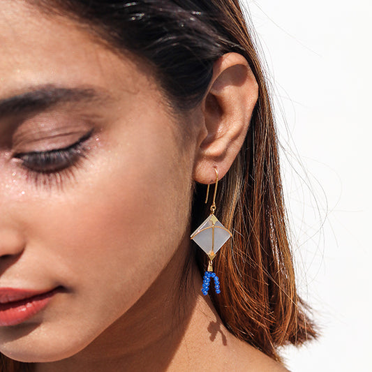 PATANG Small Moonstone With Blue Chalcedony Tassel Earrings