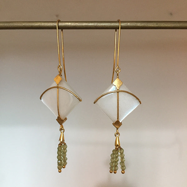 PATANG Small Moonstone With Peridot Tassel Earrings