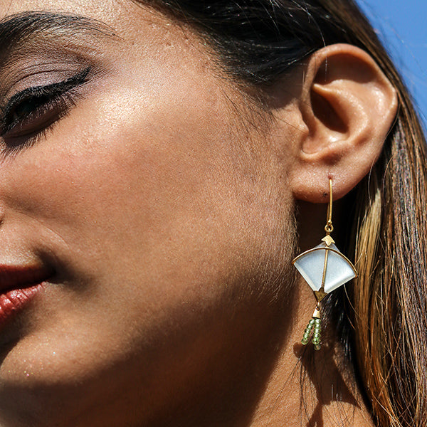 PATANG Small Moonstone With Peridot Tassel Earrings